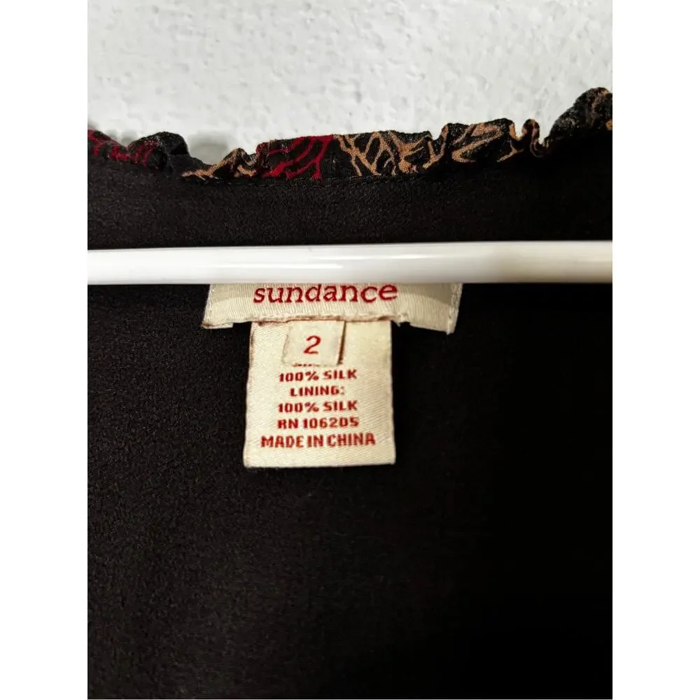 Sundance Black Paisley Print Silk Midi Dress w/ Velvet Ribbon Waistband 2 - Picture 4 of 4